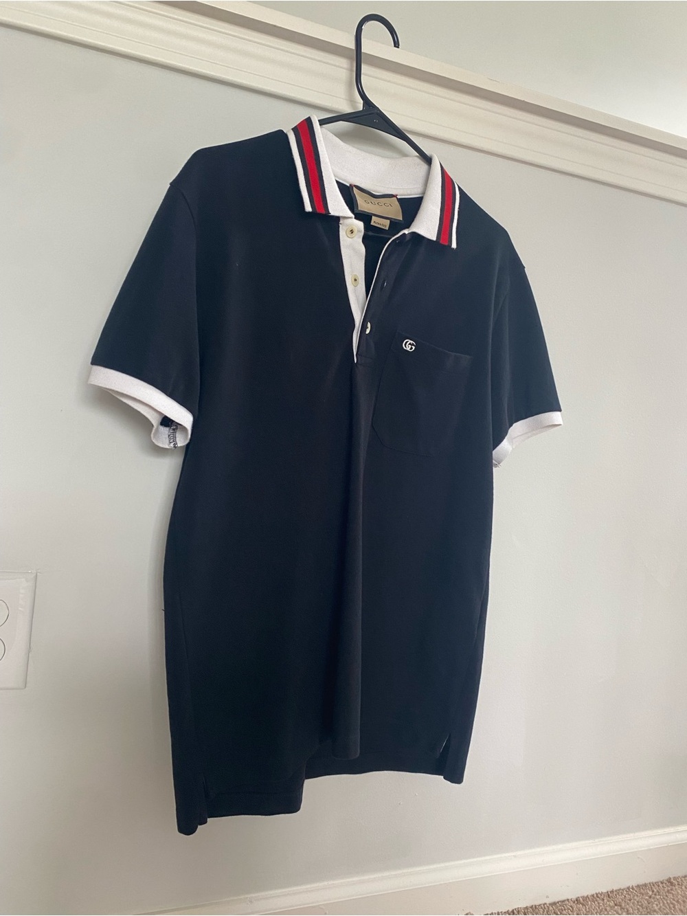 Gucci Black Polo with White Trim and Red-Black Stripe Collar